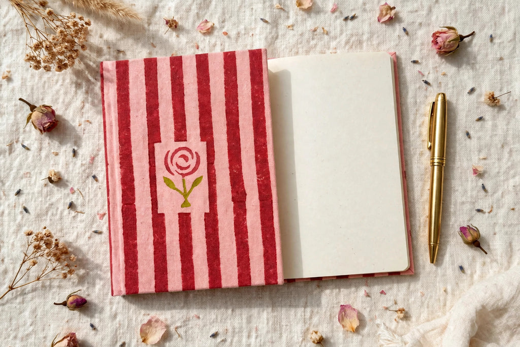 The Still Diary - Rosebud pink and red striped cover with rose motif
